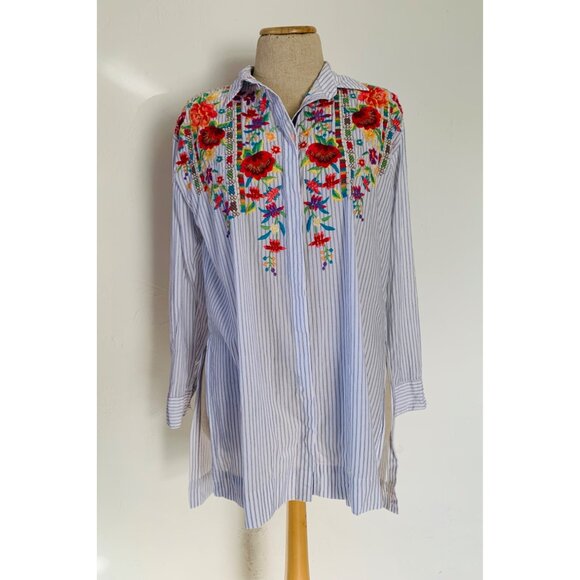 Johnny Was Small Cotton Striped WITH EMBROIDERED FLOWERS Tunic Tops - Picture 2 of 11